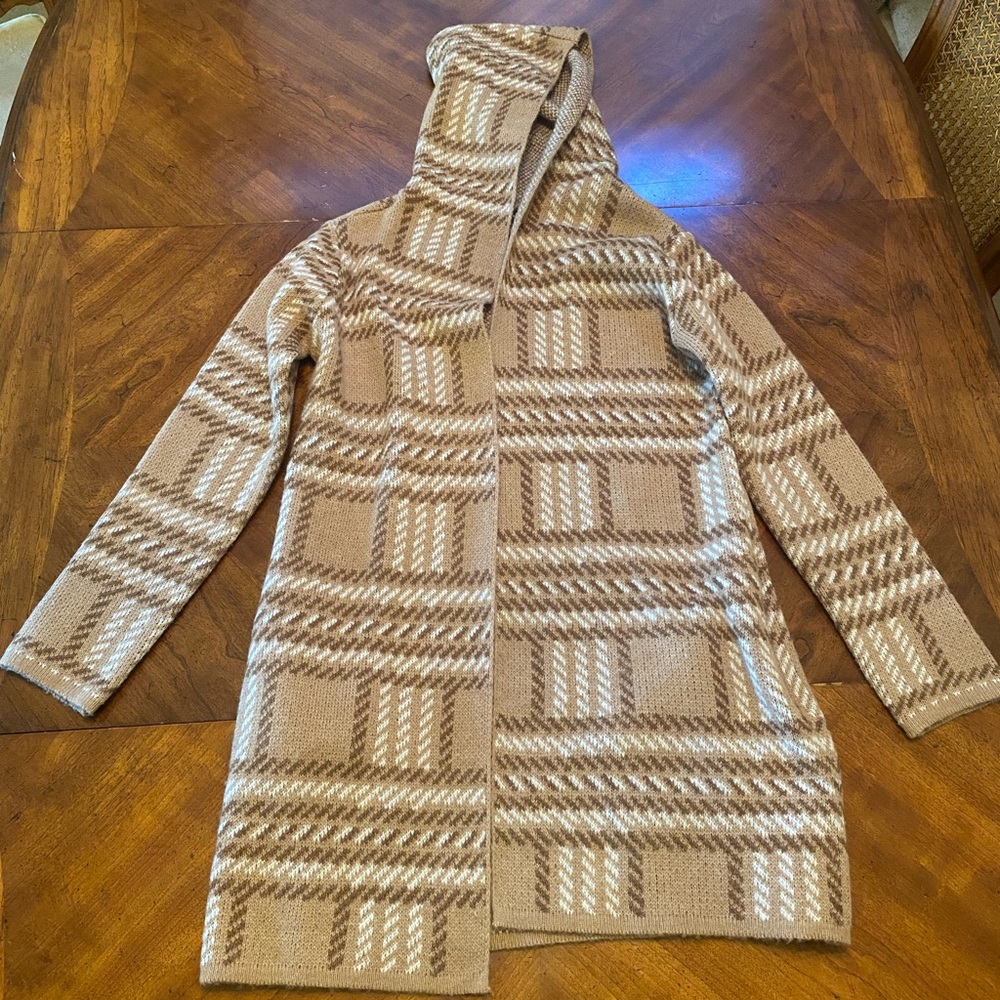 Tan and White Plaid Long Hooded Sweater Cardigan